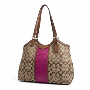 Coach Signature Tote Pink Python Stripe Shoulder Bag Brown Canvas Leather Trim